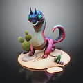 Vibrant Fantasy Creature With Purple Pink Body Green Eyes On Sandy Base With Small Cactus
