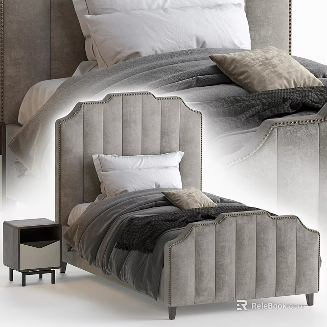 Gray Tufted Headboard Double Bed With White Pillows Gray Blanket And Nightstand 3d model 