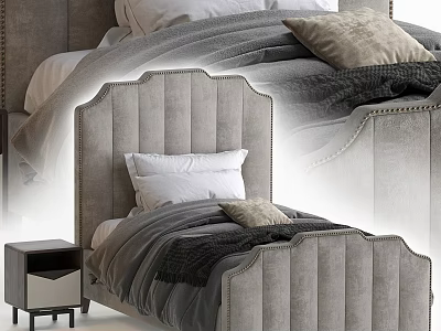 Gray Tufted Headboard Double Bed With White Pillows Gray Blanket And Nightstand 3d model