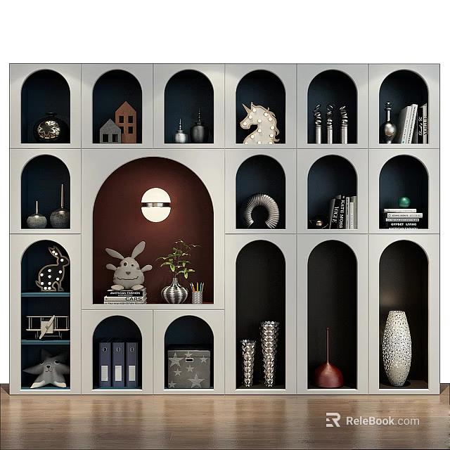 Modern Display Shelving Unit with Arch and Rectangular Compartments Displaying Decorative Figurines Books and Vases 3d model