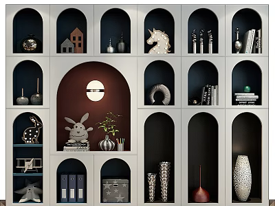 Modern Display Shelving Unit with Arch and Rectangular Compartments Displaying Decorative Figurines Books and Vases 3d model
