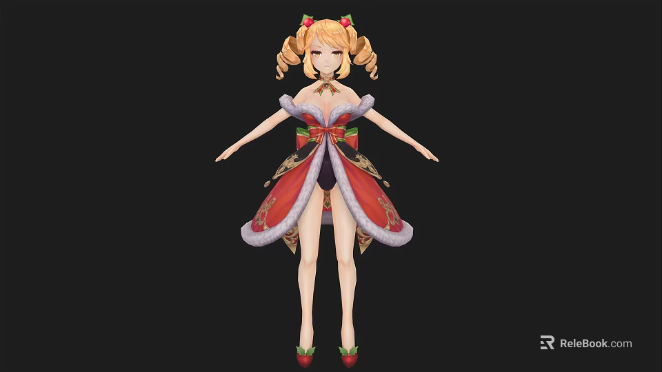 Woman in Red and Gold Christmas Dress with Pigtails and Holiday Decorations on Black Background 3d model 