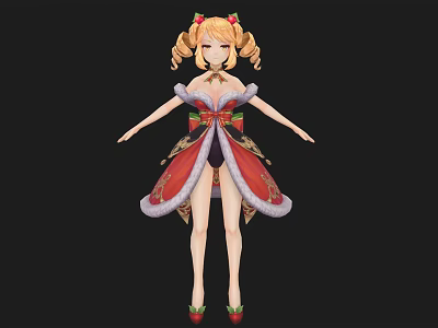 Woman in Red and Gold Christmas Dress with Pigtails and Holiday Decorations on Black Background 3d model