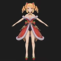 Woman in Red and Gold Christmas Dress with Pigtails and Holiday Decorations on Black Background