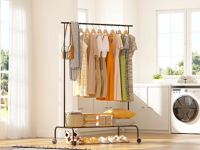 Rolling Garment Rack With Hanging Clothes Storage Shelf Shoes Basket And Washing Machine By Window 3d model