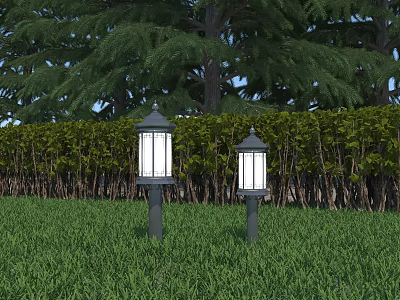 Outdoor Pillar Lights with White Lampshades on Grass and Trees Hedges Background 3d model