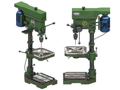 Two Green Industrial Drill Press Machines With Worktables And Stable Base 3d model