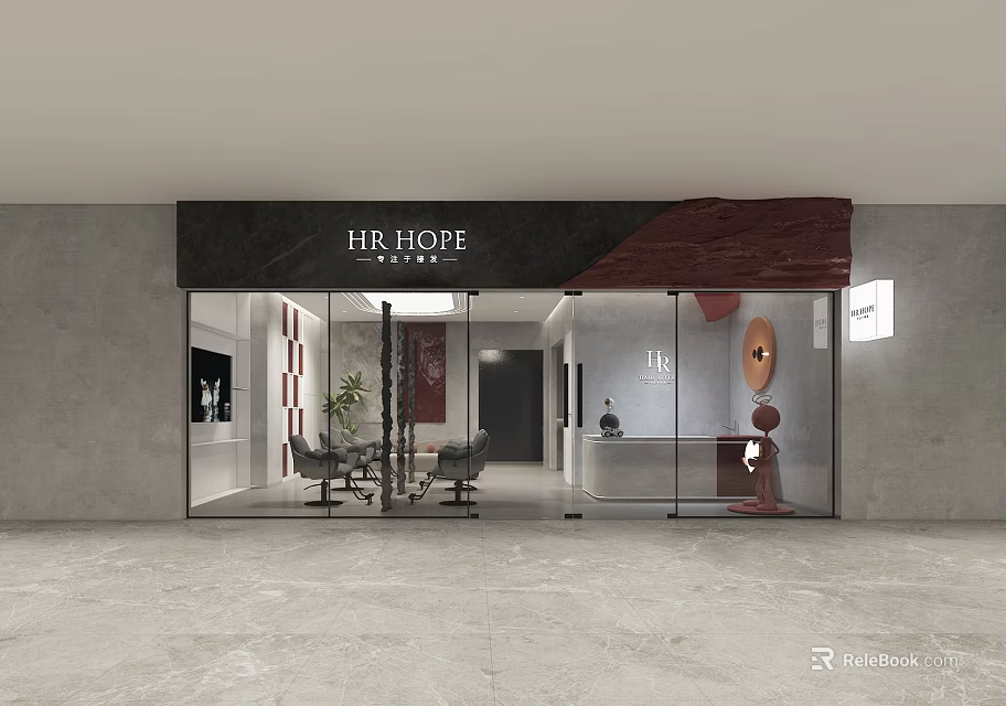 Modern Mall Storefront With HR HOPE Signage Glass Doors Seating Area And Decorative Accents 3d model 