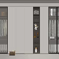 Modern Walk in Closet Interior With Glass Door Cabinets Hanging Clothes And Open Shelves