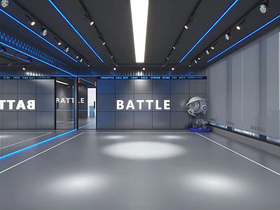Spacious Battle Themed Fitness Training Gym With Robot Element And Modern Lighting Design 3d model