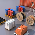 Industrial Equipment Including Colorful Containers Wooden Crates Metal Frames And Gas Cylinders