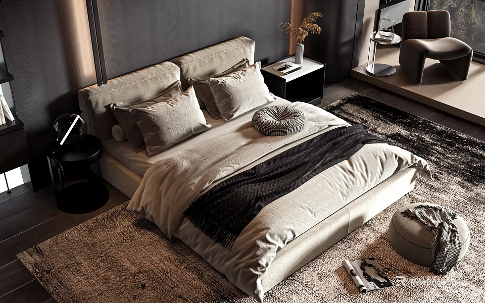 Modern Double Bed with Soft Pillows Neutral Duvet on Plush Rug beside Nightstand with Vase and Plants 3d model 