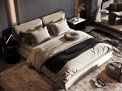 Modern Double Bed with Soft Pillows Neutral Duvet on Plush Rug beside Nightstand with Vase and Plants 3d model