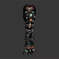 Two 3D Character Models In Torn Armor With Gear From Front And Back Angles