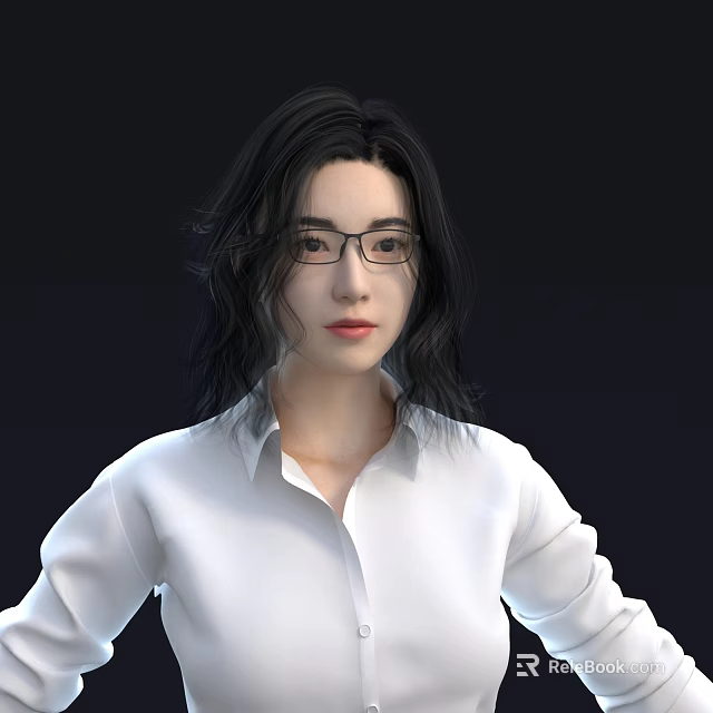 Elegant Woman With Long Black Hair Wearing Glasses In White Shirt Against Dark Background 3d model 