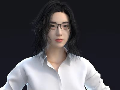 Elegant Woman With Long Black Hair Wearing Glasses In White Shirt Against Dark Background 3d model