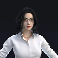 Elegant Woman With Long Black Hair Wearing Glasses In White Shirt Against Dark Background