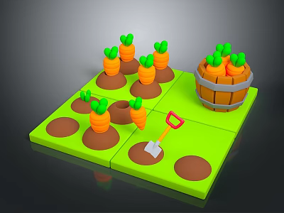 3D Carrot Planting Scene With Green Board Soil Pits Red Shovel And Wooden Barrel 3d model