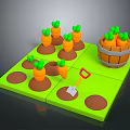 3D Carrot Planting Scene With Green Board Soil Pits Red Shovel And Wooden Barrel