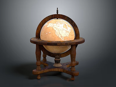 Decorative Ornament Set with Vintage Globe on Carved Wooden Stand for Home Decor Accent 3d model