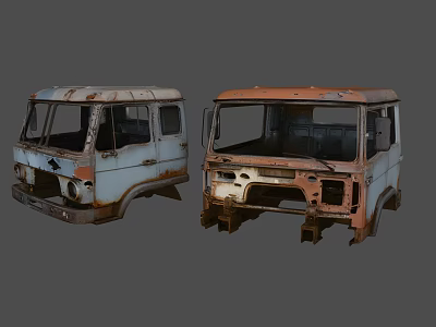 Two Old Rusty Damaged Truck Fronts With Weathered Exteriors And Broken Parts 3d model