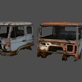 Two Old Rusty Damaged Truck Fronts With Weathered Exteriors And Broken Parts