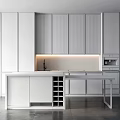 Modern Black And White Kitchen Interior With Marble Backsplash And Wine Storage Cabinet