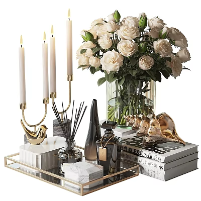 Decorative Ornament Set With Candles White Roses Diffusers Tray Books Seashells Marble Gold Accents 3d model