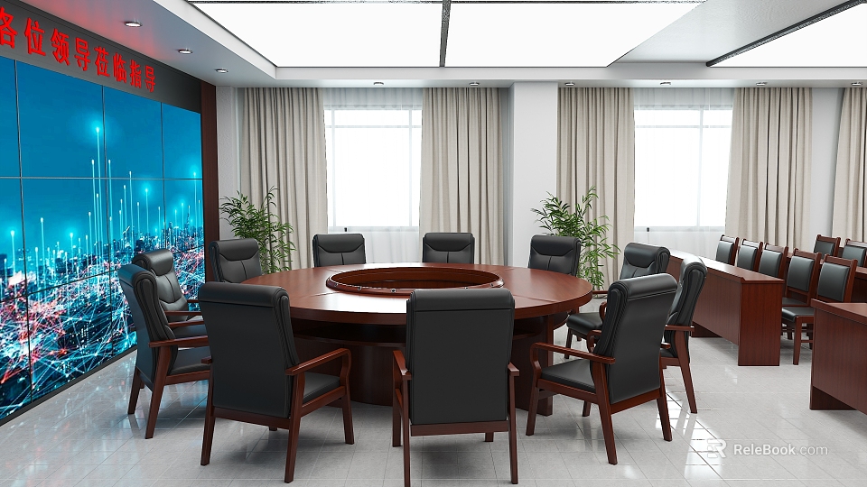 Modern Conference Room Interior With Round Table Black Chairs Large Screen Windows And Plants 3d model 