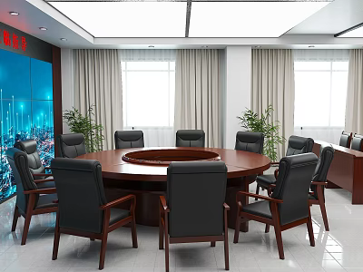 Modern Conference Room Interior With Round Table Black Chairs Large Screen Windows And Plants 3d model