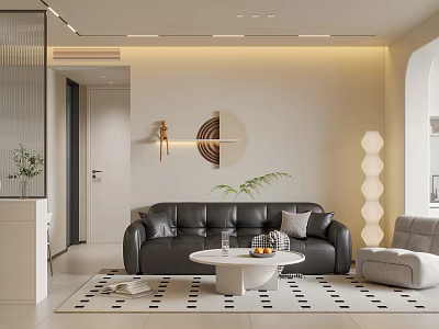 Modern Living Dining Room Interior With Black Leather Sofa Round Coffee Table And Geometric Rug 3d model