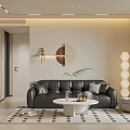 Modern Living Dining Room Interior With Black Leather Sofa Round Coffee Table And Geometric Rug