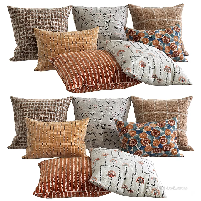 Warm Colored Decorative Pillows With Striped Geometric And Floral Patterns For Home Decor 3d model 
