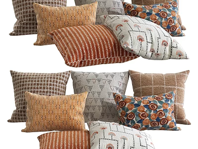 Warm Colored Decorative Pillows With Striped Geometric And Floral Patterns For Home Decor 3d model