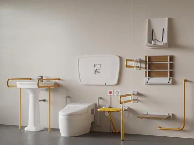 Accessible Bathroom Setup With Toilet Sink Grab Bars And Wall Mounted Shelves 3d model