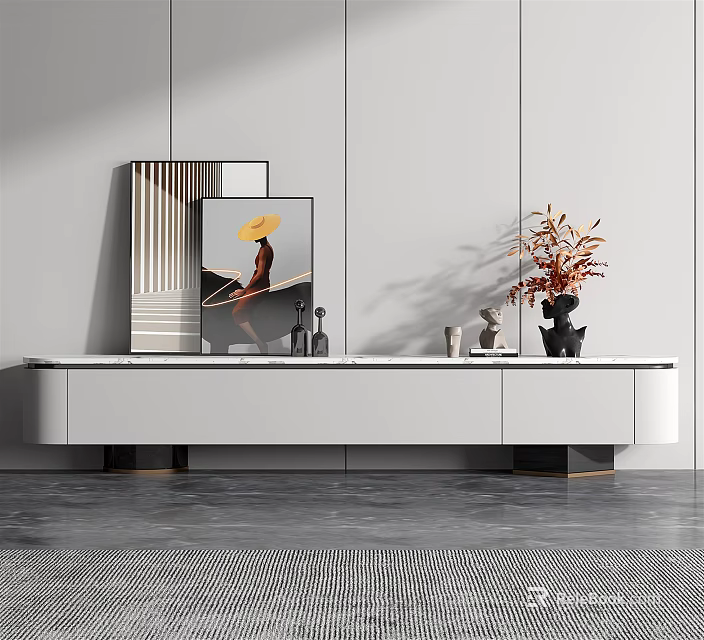 Modern Minimalist TV Stand Design With Decorative Artwork Potted Plant And Ornaments 3d model 