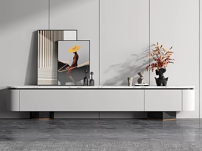 Modern Minimalist TV Stand Design With Decorative Artwork Potted Plant And Ornaments 3d model