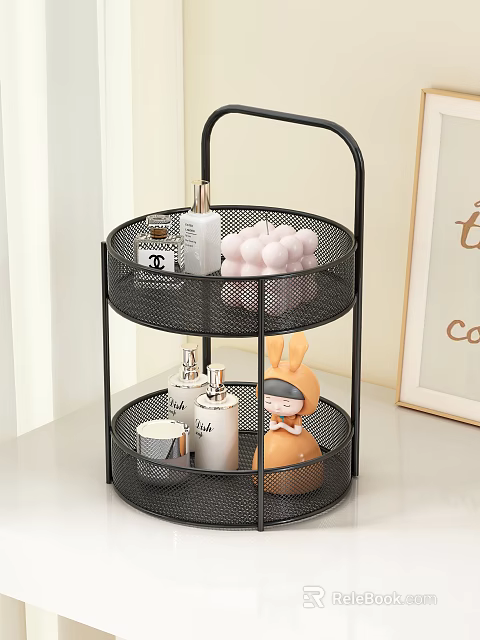Black Two Tier Metal Mesh Rack With Perfume Bottles Cosmetics Rabbit Doll And Decorative Balls 3d model 