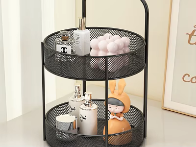Black Two Tier Metal Mesh Rack With Perfume Bottles Cosmetics Rabbit Doll And Decorative Balls 3d model
