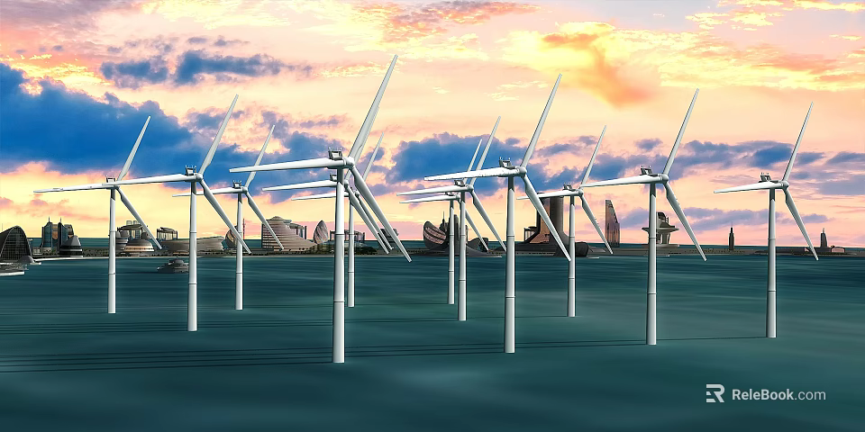 Offshore Wind Turbines in Ocean During Sunset Sky Generating Renewable Energy 3d model 