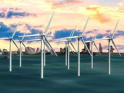 Offshore Wind Turbines in Ocean During Sunset Sky Generating Renewable Energy 3d model