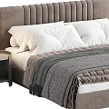 Modern Double Bed With Upholstered Headboard White Pillows Gray Blanket And Wooden Nightstand