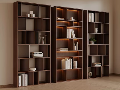 Stylish Dark Wooden Bookshelves Interior With Books Decorations And Potted Plant 3d model