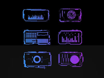 Tech Inspired Sculpture Carvings With Various Device Outlines In Blue And Purple On Black Background 3d model
