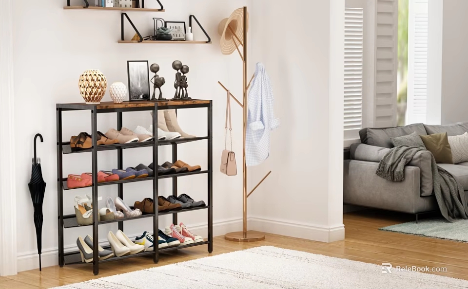 Modern Living Room Shoe Rack With Multiple Wooden Shelves Black Frame And Decorative Items 3d model 