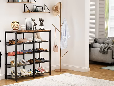 Modern Living Room Shoe Rack With Multiple Wooden Shelves Black Frame And Decorative Items 3d model