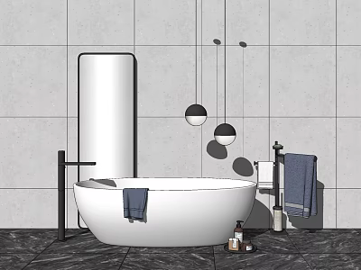 Modern White Bathtub with Black Faucet Hanging Towel and Bath Products on Marble Wall 3d model
