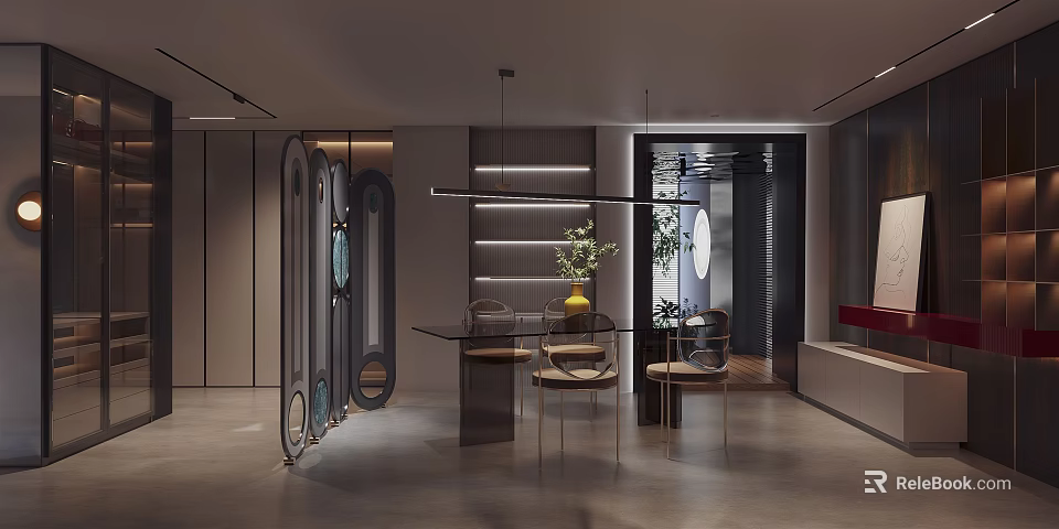 Modern Dining Area With Glass Table Metal Chairs Pendant Light And Decorative Plant Divider 3d model 