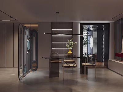 Modern Dining Area With Glass Table Metal Chairs Pendant Light And Decorative Plant Divider 3d model