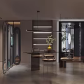 Modern Dining Area With Glass Table Metal Chairs Pendant Light And Decorative Plant Divider
